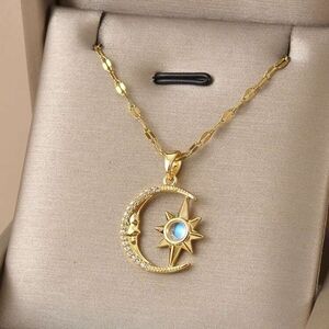 Gold Plated Stainless Steel Moon & Star Rhinestone Pendant Necklace
